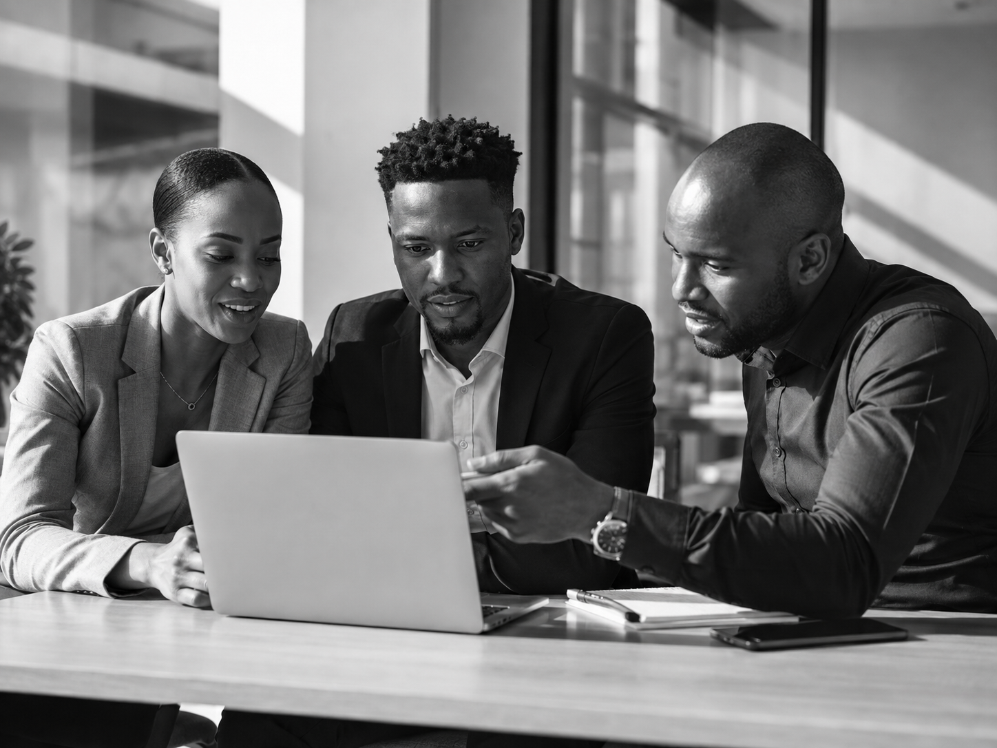 Illustrative business collaboration around a laptop
